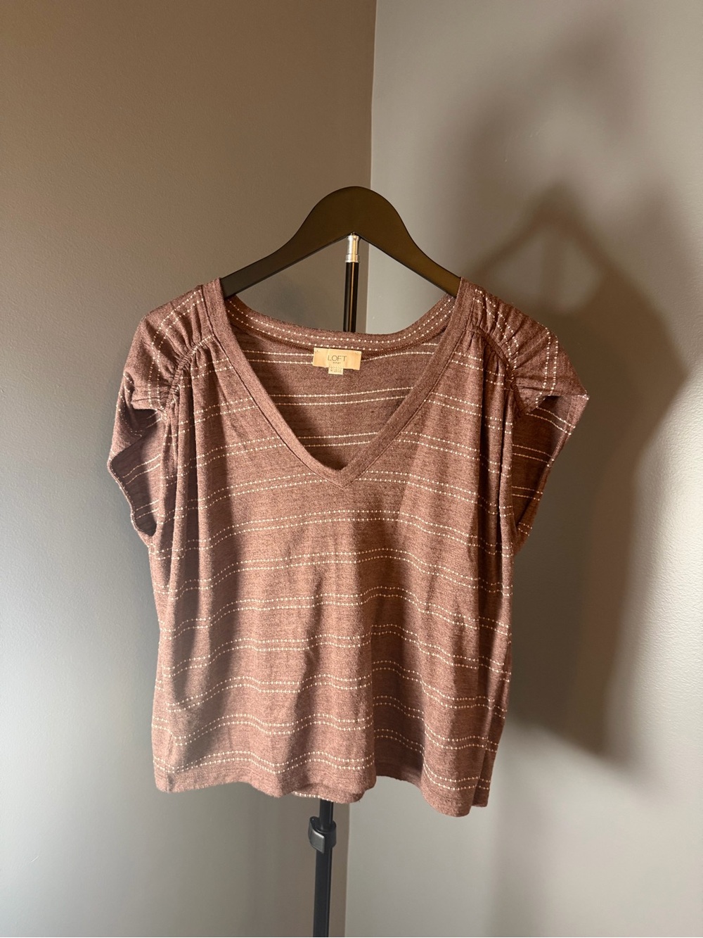 LOFT Brown Striped V-Neck Short Sleeve Top
